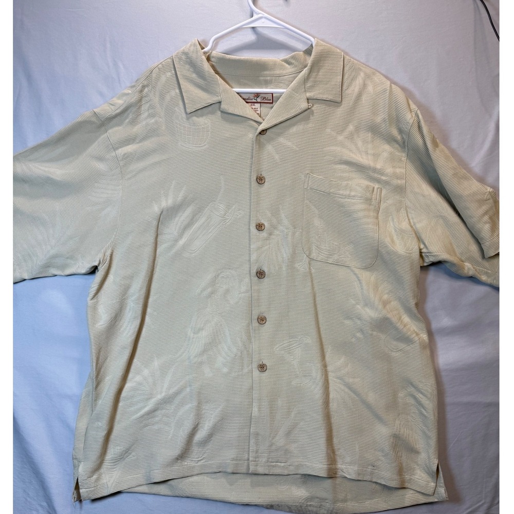 Paradise Blue Mens XXL Silk Camp Shirt Cream Tropical Jacquard Short Sleeve